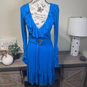Vintage Cache Blue Ruffle Hem V-Neck Belted Midi Dress Sz 4 Y2k Long Sleeve
